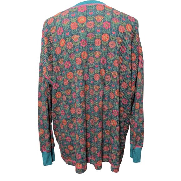 Natural Life Womens Sz S Turquoise Floral Bouquet Waffle Knit Thermal Lounge Top - Picture 4 of 8